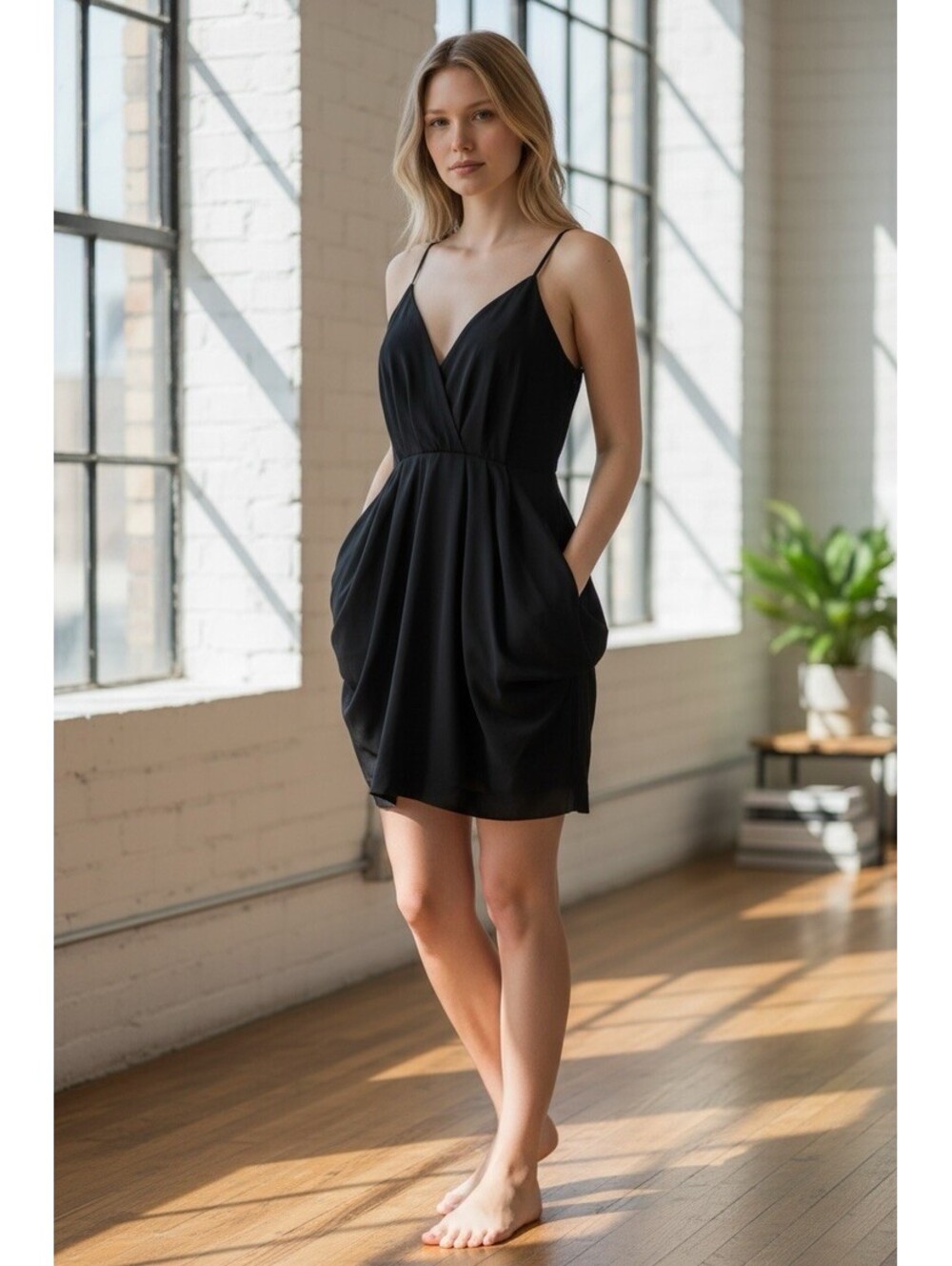 BCBGeneration med black racer back mini dress with pockets adjustable straps